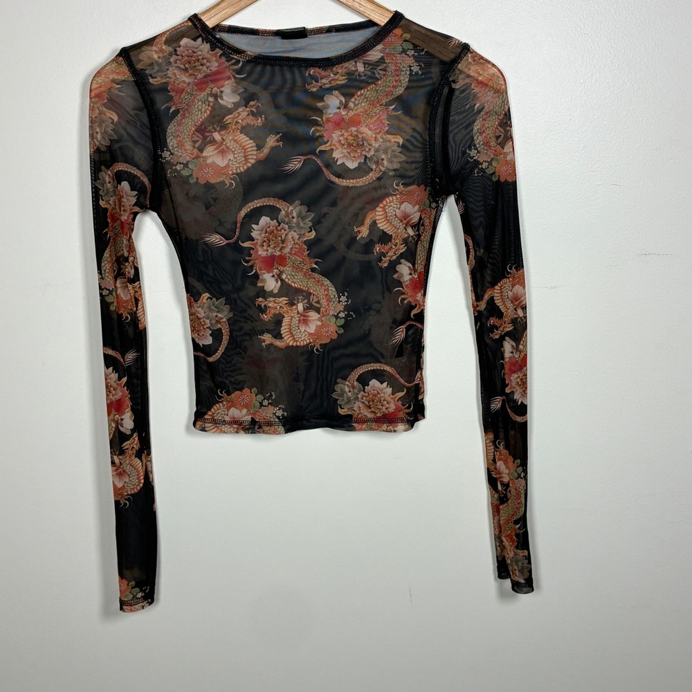 Urban Outfitters Sheer Mesh Y2K Asian Dragon Print Top Size XS Black Grunge